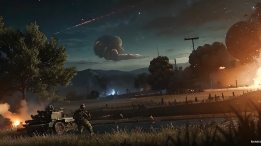 War video game loading screen type image, in the background a battlefield with artillery explosions and soldiers from the 1940s fighting