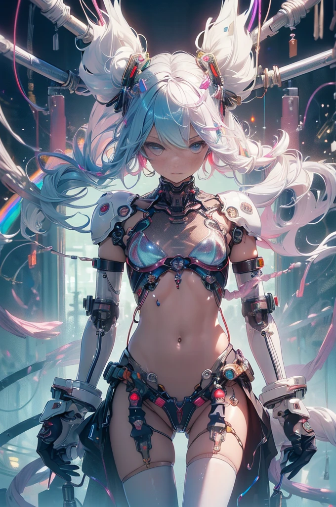 (quality)), ((masterpiece)), Recommended results、Puffy nipples、(see through:1.5)、straighten your back、abdominal muscles、huge bust、angle to floor:1.2、low camera angle、Hair loss on crotch，hatsune miku，super detailed)), (Very detailed CG illustrations), ((extremely delicate and beautiful)),(1 white transparent mechanical girl)),alone,whole body,(Machine made joints:1.2),((mechanical limbs)),(Flashing blood vessel points connected to tubes),(Mechanical vertebrae attached to the back，with flowing glitter.),((Flowing rainbow fixed around neck)),(wires and cables attaching to neck:1.2),(Rainbow wires and cables on the head:1.2)(Character focus),,Very detailed,rich and colorful,most detailed，white ceramic skin，maidennurse ，Cat cat