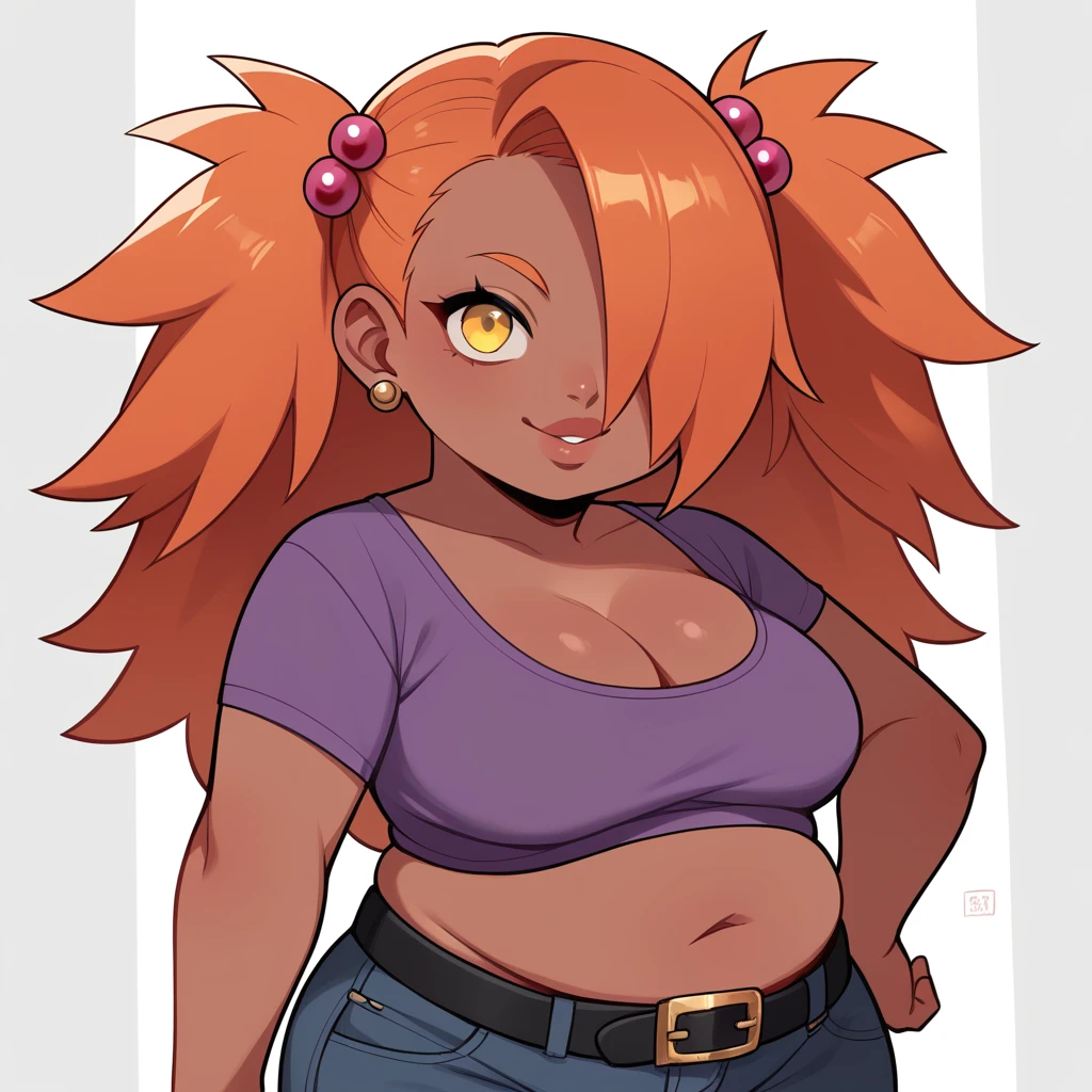 score_9, score_8_up, score_7_up, score_6_up, score_5_up, score_4_up, source_anime, rating_safe, BREAK chouchou akimichi,1girl,dark-skinned female,orange hair,hair over one eye,two side up,long hair,yellow eyes,hair bobbles,jewelry,earrings,big breats,purple ruffle shirt,black belt,black jeans,cleavage,open belly