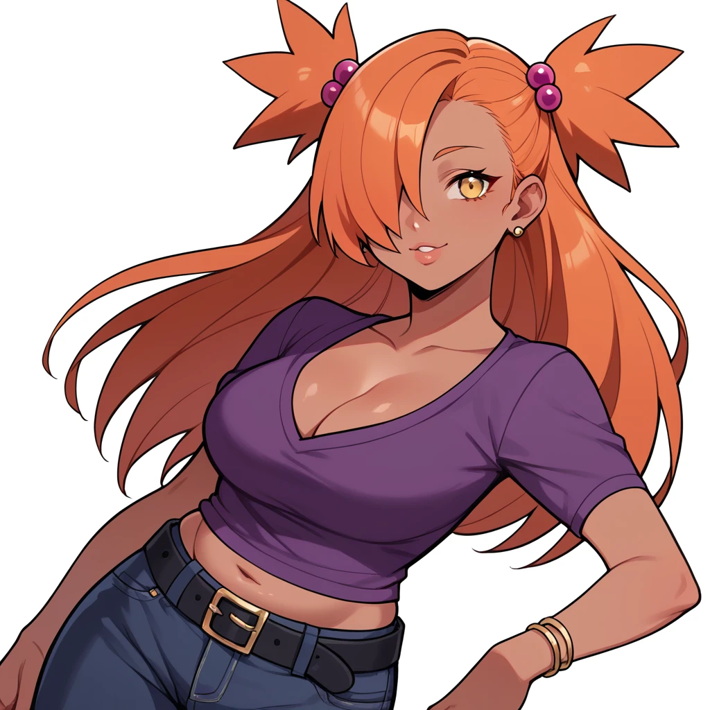 score_9, score_8_up, score_7_up, score_6_up, score_5_up, score_4_up, source_anime, rating_safe, BREAK chouchou akimichi,1girl,dark-skinned female,orange hair,hair over one eye,two side up,long hair,yellow eyes,hair bobbles,jewelry,earrings,big breats,purple ruffle shirt,black belt,black jeans,cleavage,open belly