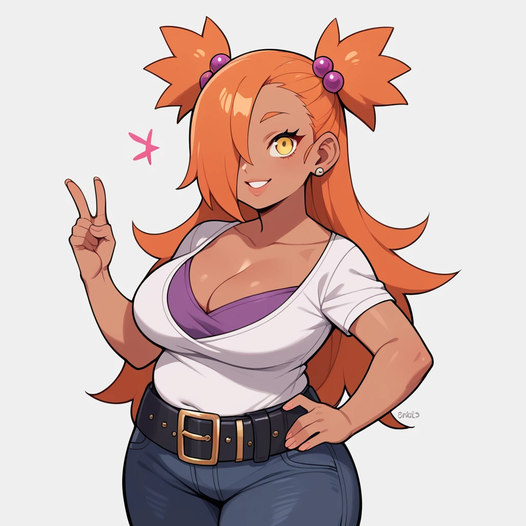 score_9, score_8_up, score_7_up, score_6_up, score_5_up, score_4_up, source_anime, rating_safe, BREAK chouchou akimichi,1girl,dark-skinned female,orange hair,hair over one eye,two side up,long hair,yellow eyes,hair bobbles,jewelry,earrings,big breats,purple ruffle shirt,black belt,black jeans,cleavage,open belly