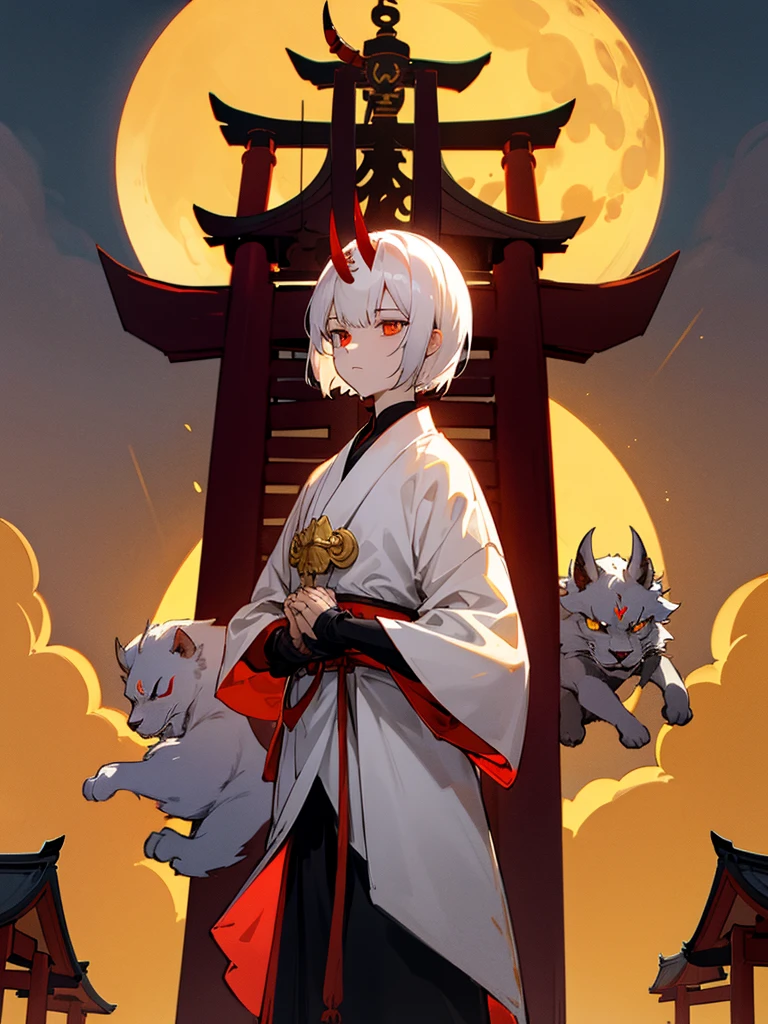 Demon, evil eye, horn, white short hair, black armor, torii gate, man, full moon, hands together in prayer, golden lion