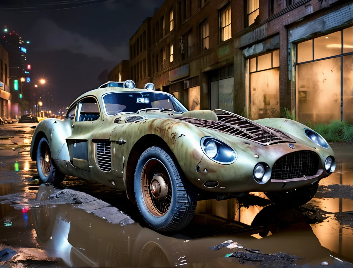 a photo of a dieselpunk sports car, 3/4 front view, survival, post-apocalyptic, cyberpunk, outdoors, ((night)), destruction, urban decay, reflective puddles masterpiece, overgrown city