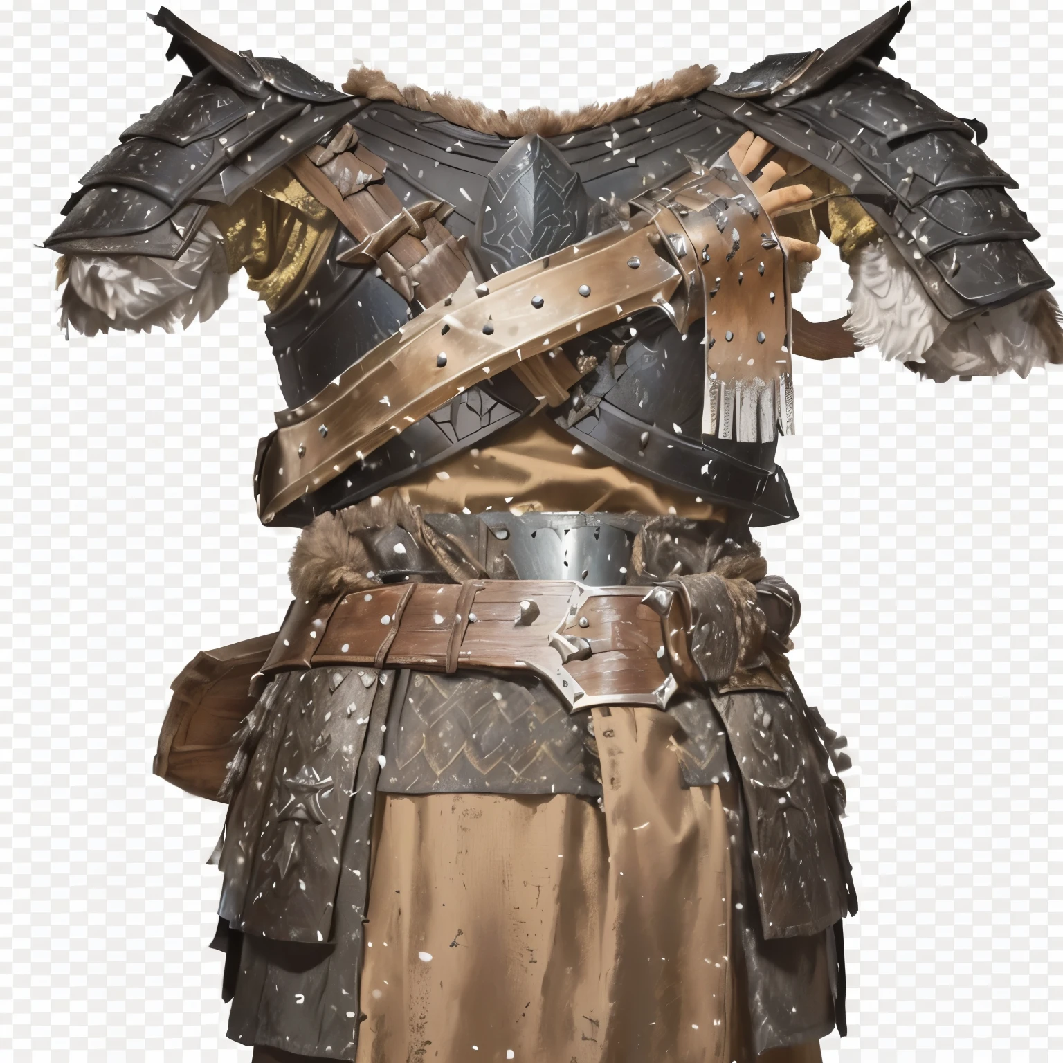 a close-up of medieval armor with a belt and a sword, skyrim armor, thick armor, detailed viking rune armor, detailed armor em xilogravura, brown heavy armor, Fur and leather armor, armor that, realistic armor, fantasy heavy armor rendering, detailed armor, brown armor, tied leather armor, wooden bark armor, leather clothing under armor, detailed rusty armor