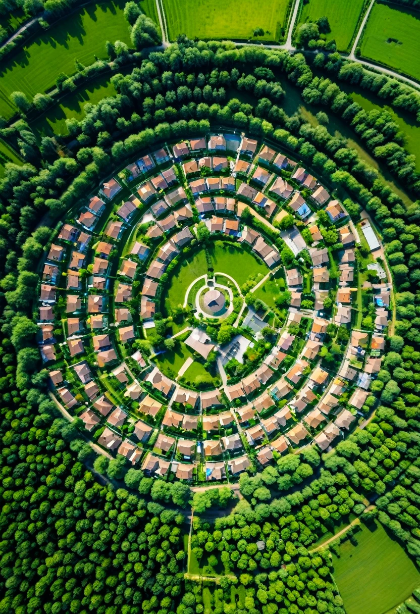 An aerial view of a large village. The village has a round shape when viewed from above. In the middle is a park with beautiful nature. in the middle of nature.