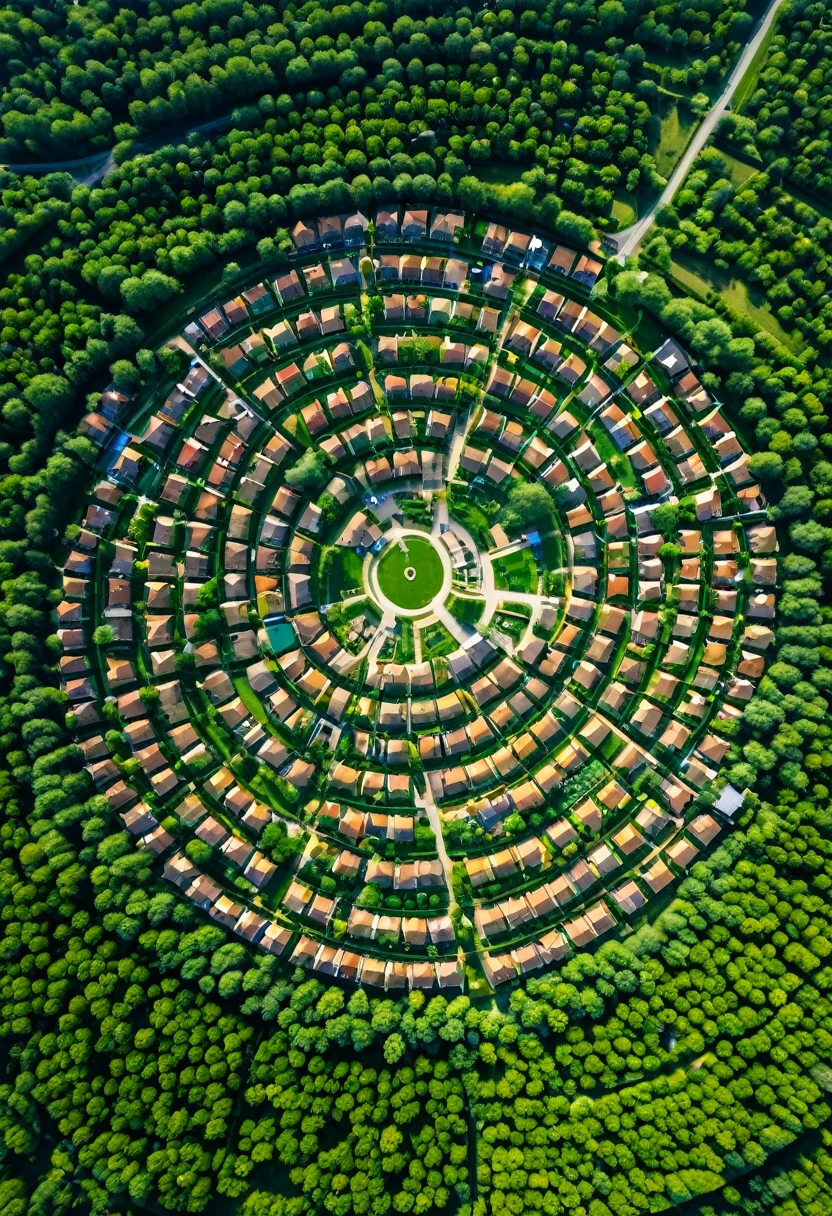 An aerial view of a large village. The village has a round shape when viewed from above. In the middle is a park with beautiful nature. in the middle of nature.