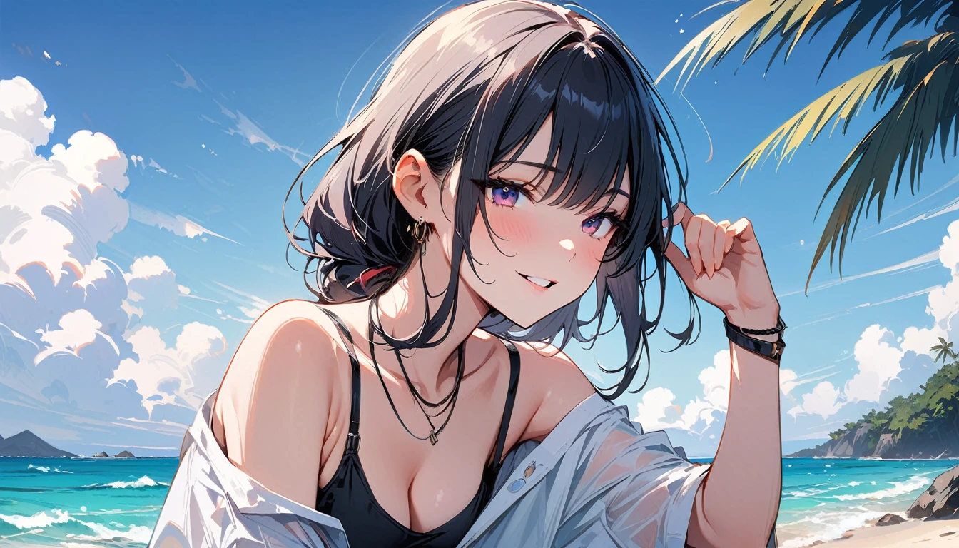 (masterpiece, Highest quality:1.2), 1 Girl, alone,Eyes open,Are you having fun,Tropical atmosphere,Ocean