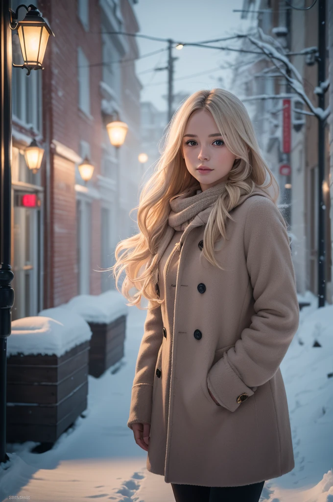 professional photography of a beautiful norwegian girl in winter clothes with long wavy blonde hair, sensual and seductive look, beautiful symmetrical face, beautiful natural makeup, wearing chic warm winter fashion clothing, ((standing outside on the snowy city street)), impressive modern urban environment, ultra realistic, conceptual artwork, chic, highy detailed, intricate, sharp focus, Depth of field, f/1. 8, 85 mm, medium shot, mid shot, (((professional color grading))), soft and bright diffused light, (Volumetric fog), Trends on Instagram, HD 4k, 8K