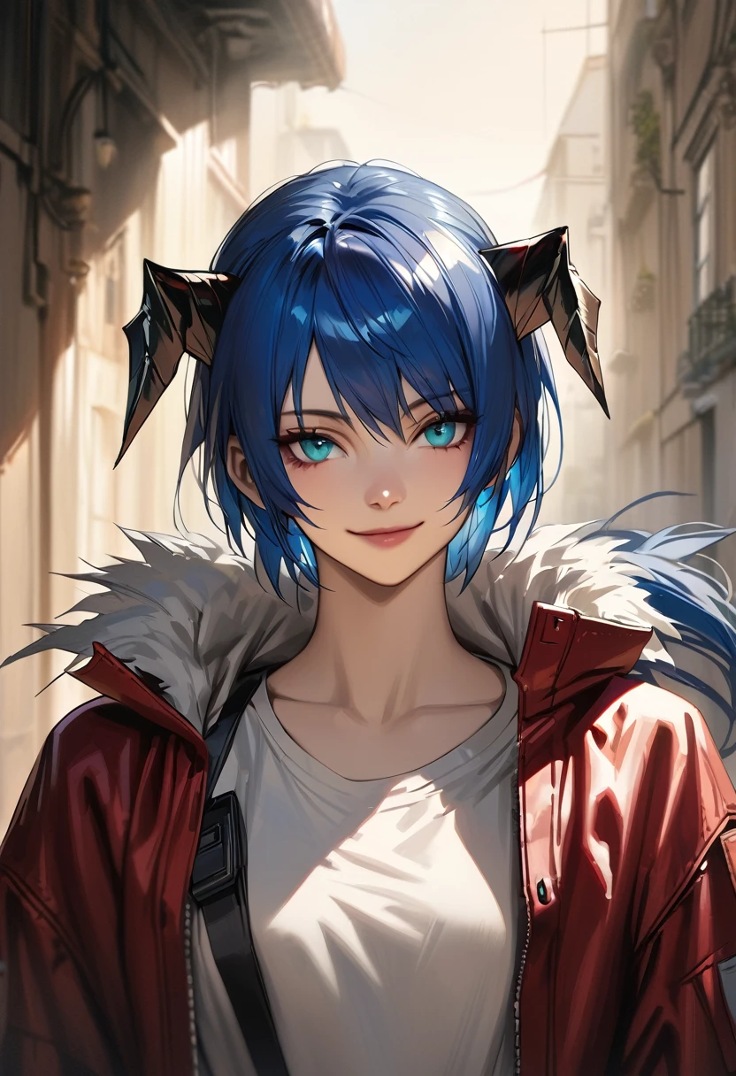 (woman), ((Mostima from arknights)), masterpiece, best quality, blue hair, ((short hair)), ((pony tail hair)), horns, plain white shirt, ((trigun)) red fullbody coat, dark blue eyes, realistic anime style, smile, portrait.