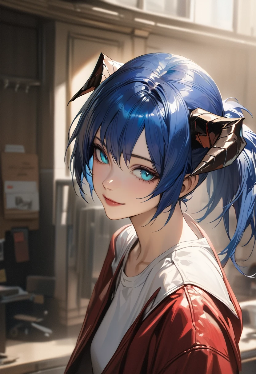 (woman), ((Mostima from arknights)), masterpiece, best quality, blue hair, ((short hair)), ((pony tail hair)), horns, plain white shirt, ((trigun)) red fullbody coat, dark blue eyes, realistic anime style, smile, portrait.