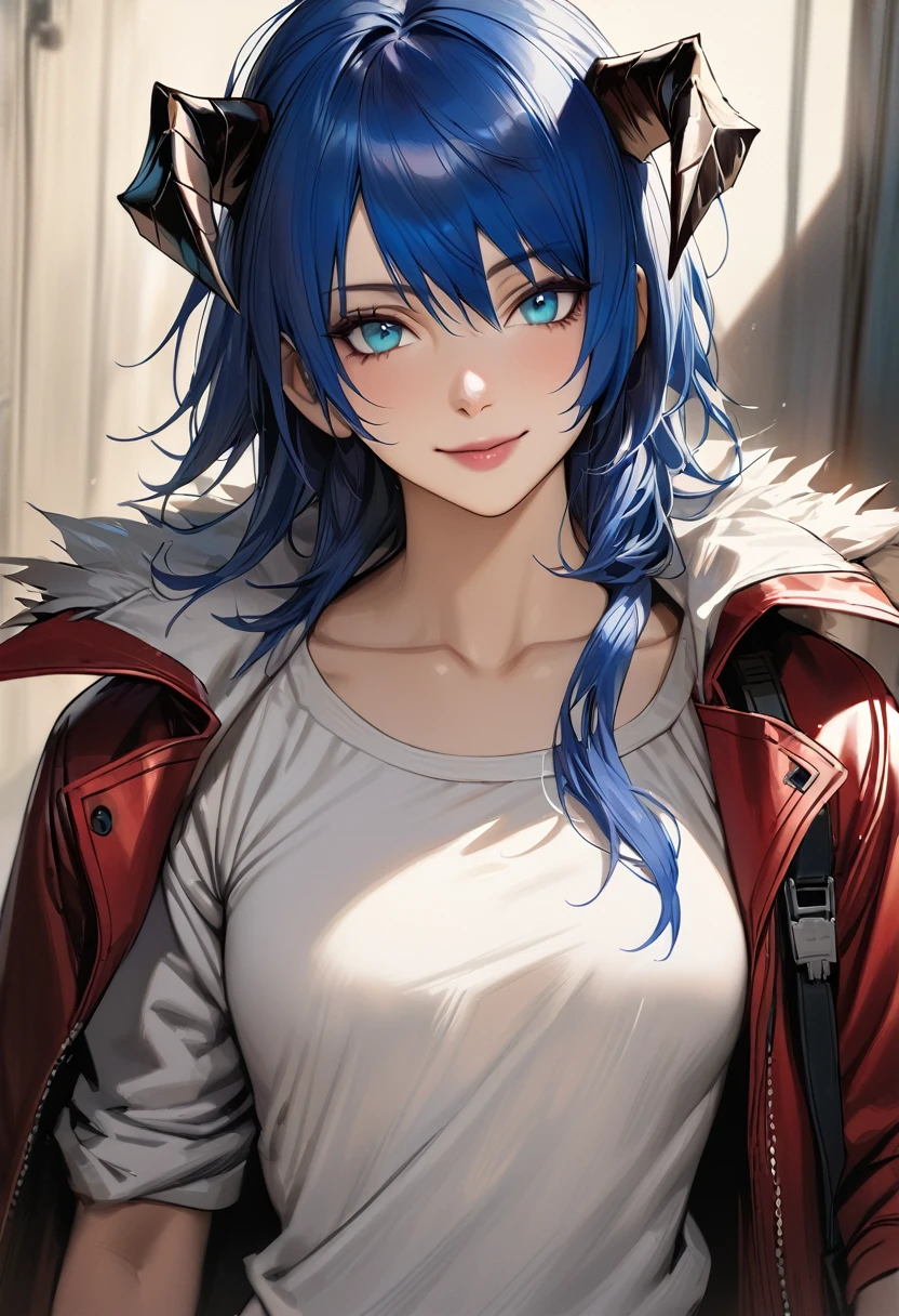 (woman), ((Mostima from arknights)), masterpiece, best quality, blue hair, ((short hair)), ((pony tail hair)), horns, plain white shirt, ((trigun)) red fullbody coat, dark blue eyes, realistic anime style, smile, portrait.