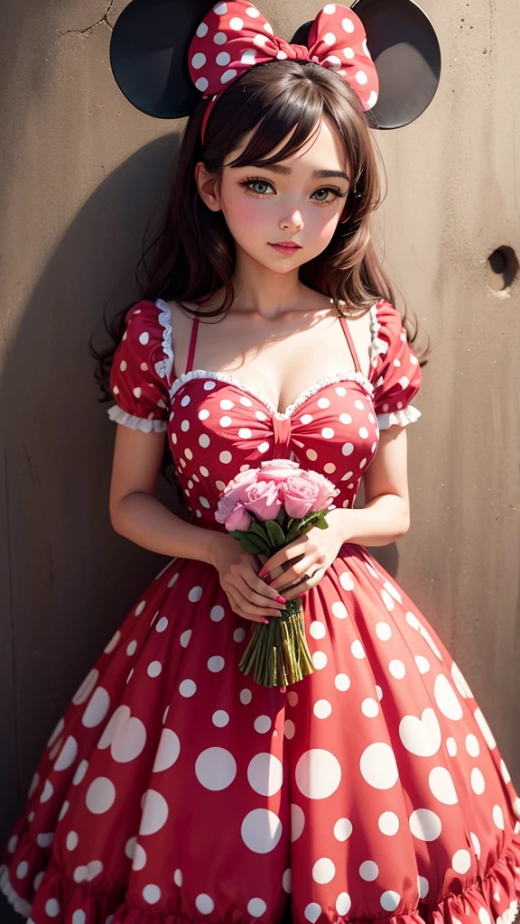 Minnie Mouse in red and white polka dot dress, she is holding a bouquet of pink flowers, behind her there is a wall full of hearts 