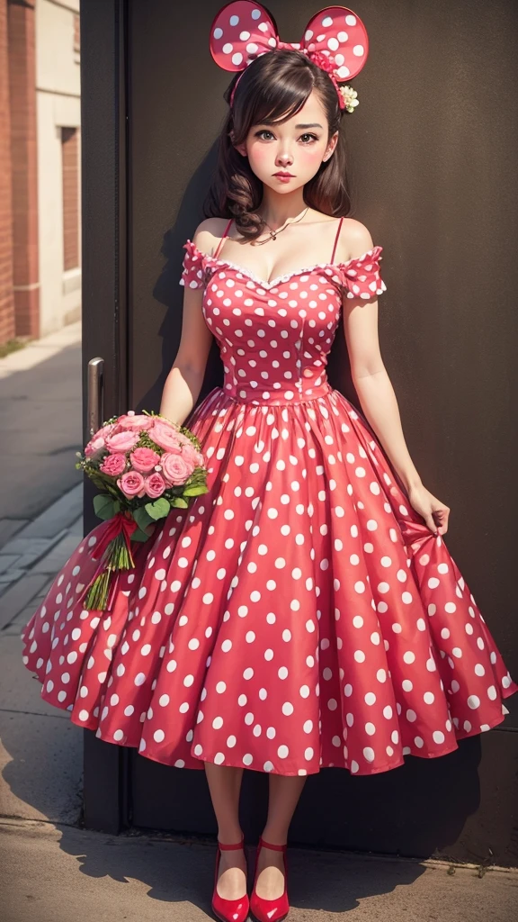 Minnie Mouse in red and white polka dot dress, she is holding a bouquet of pink flowers, behind her there is a wall full of hearts 