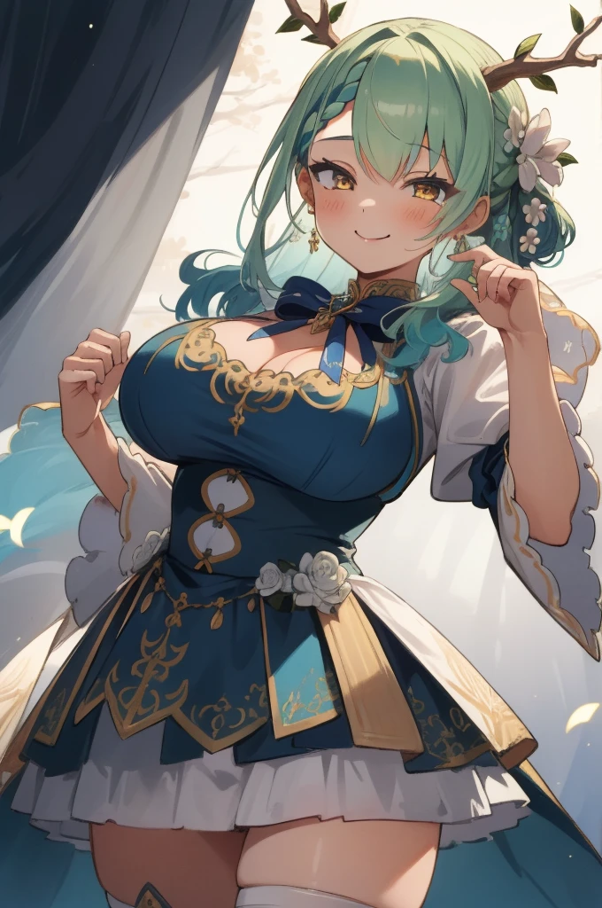 (masterpiece, best quality), intricate details,
(1girl),     Ceres Fauna, antlers, long hair, braided bangs, hair flower,  FaunaBase, long hair, braided bangs, hair flower, blue dress, wide sleeves, single thighhigh, bridal gauntlets,huge breasts,smile