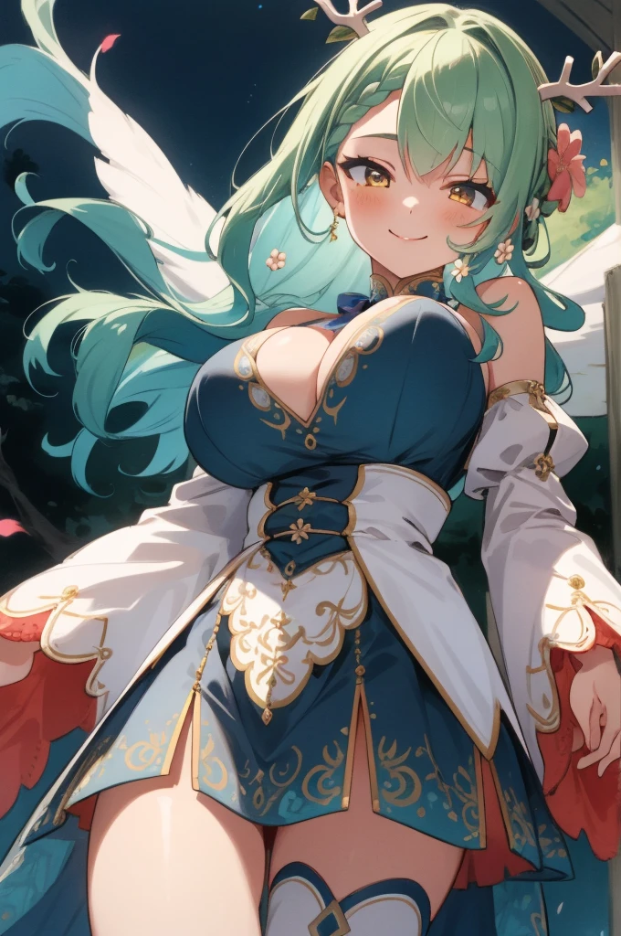 (masterpiece, best quality), intricate details,
(1girl),     Ceres Fauna, antlers, long hair, braided bangs, hair flower,  FaunaBase, long hair, braided bangs, hair flower, blue dress, wide sleeves, single thighhigh, bridal gauntlets,huge breasts,smile