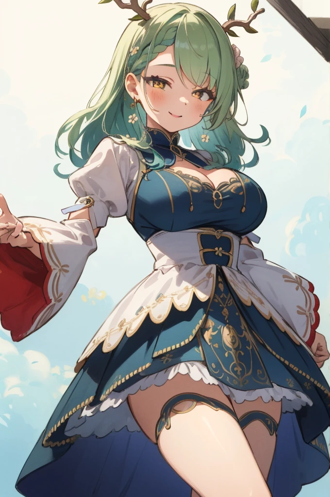 (masterpiece, best quality), intricate details,
(1girl),     Ceres Fauna, antlers, long hair, braided bangs, hair flower,  FaunaBase, long hair, braided bangs, hair flower, blue dress, wide sleeves, single thighhigh, bridal gauntlets,huge breasts,smile