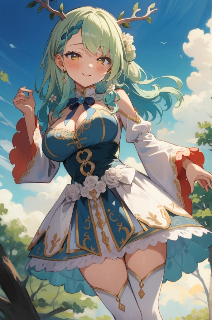 (masterpiece, best quality), intricate details,
(1girl),     Ceres Fauna, antlers, long hair, braided bangs, hair flower,  FaunaBase, long hair, braided bangs, hair flower, blue dress, wide sleeves, single thighhigh, bridal gauntlets,huge breasts,smile