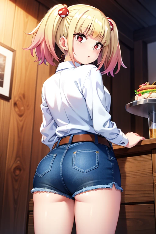 ((masterpiece)),(best quality),official art,extremely detailed CG,unity 8k wallpaper,ultra detailed,beautiful detailed eyes,extremely detailed face,1girl,solo,cowboy shot,looking at viewer,from behind,niguredou julia,multicolored hair,gradient hair,pink hair,blonde hair,twintails,food-themed hair ornament,mushroom hair ornament,red eyes,white shirt,long sleeves,denim shorts,shorts rolled up,belt