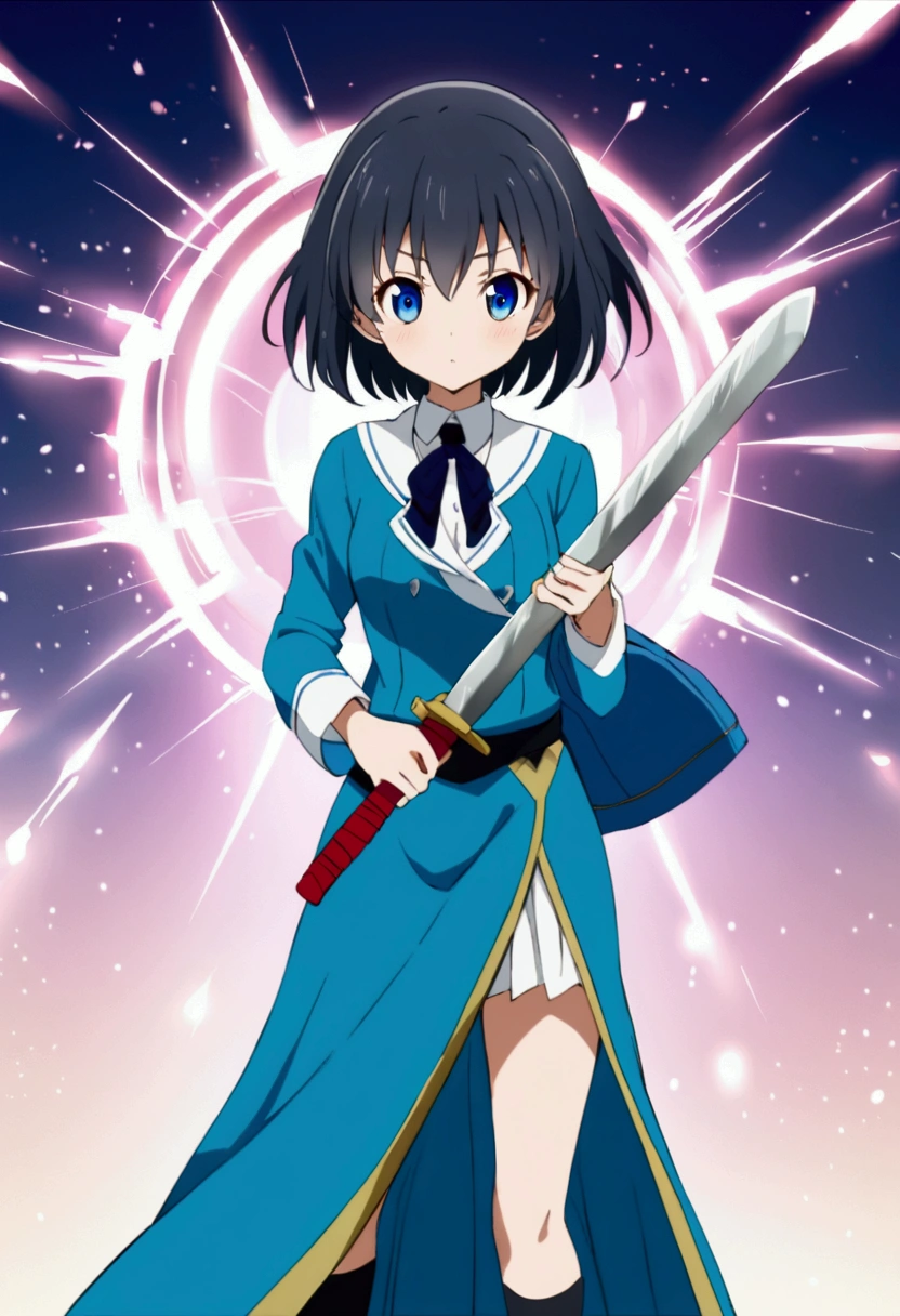 Wear skirts and shirts，背着背包的Anime Girl, schoolgirl, Girl wearing, Short full body portrait!, She holds a samurai sword, She holds a long stick, 名为露西的Anime Girl, Anime Girl, As anime character, School girls, female anime character, magic , Strike a pose，Long blue dress，The skirt is blue