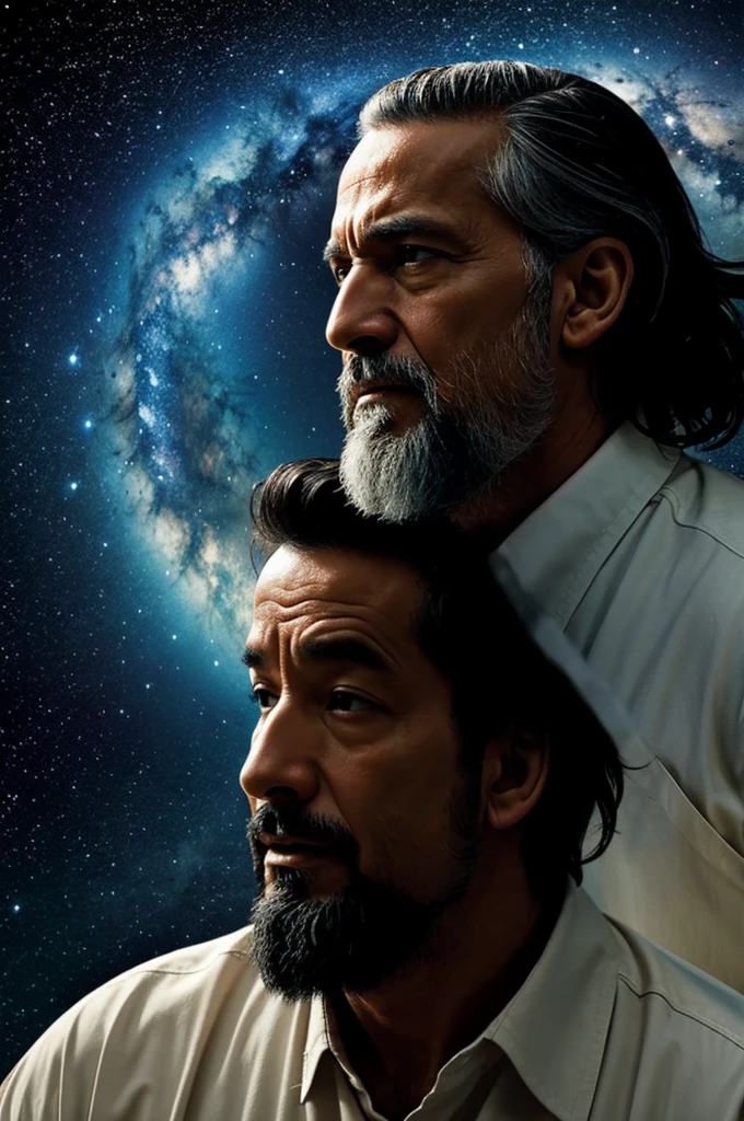 See a moving scene of God the Father with God the Son fighting and see the devil hiding somewhere, the stage is the cosmos.