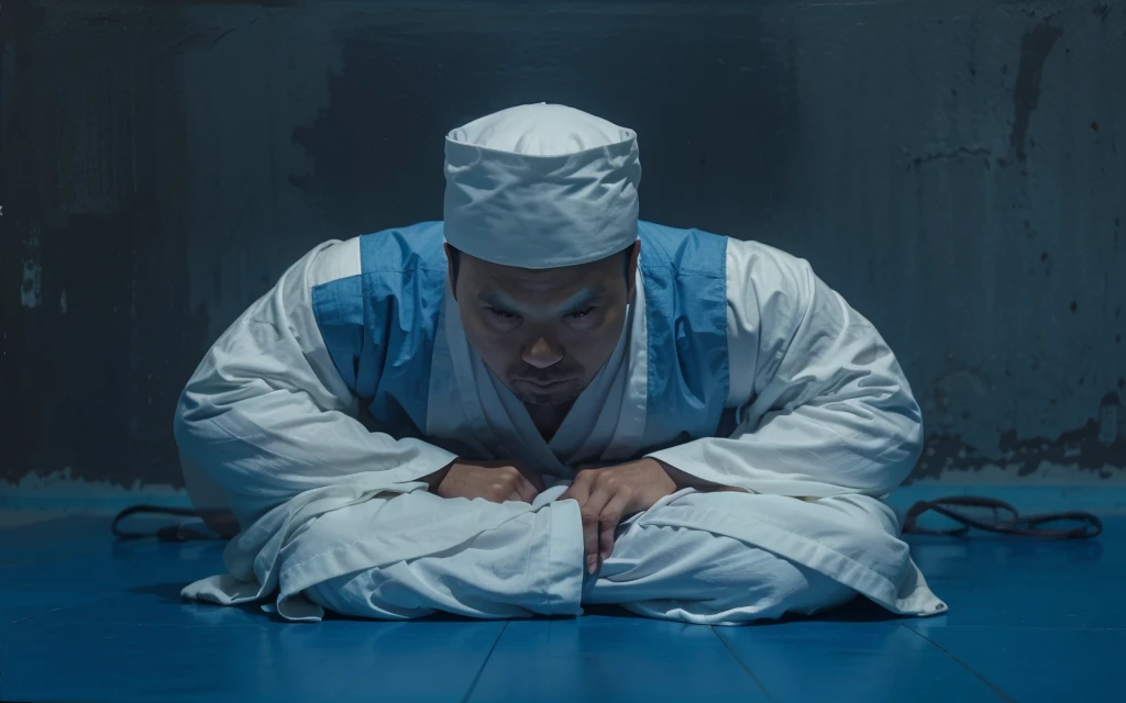 painting of a man in a white robe sitting on a blue floor, inspired by Kaigetsudō Anchi, inspired by Kanō Hōgai, daoist, inspired by Kaigetsudō Ando, inspired by Kanō Sanraku, inspired by Kanō Sansetsu, ancient japanese monk