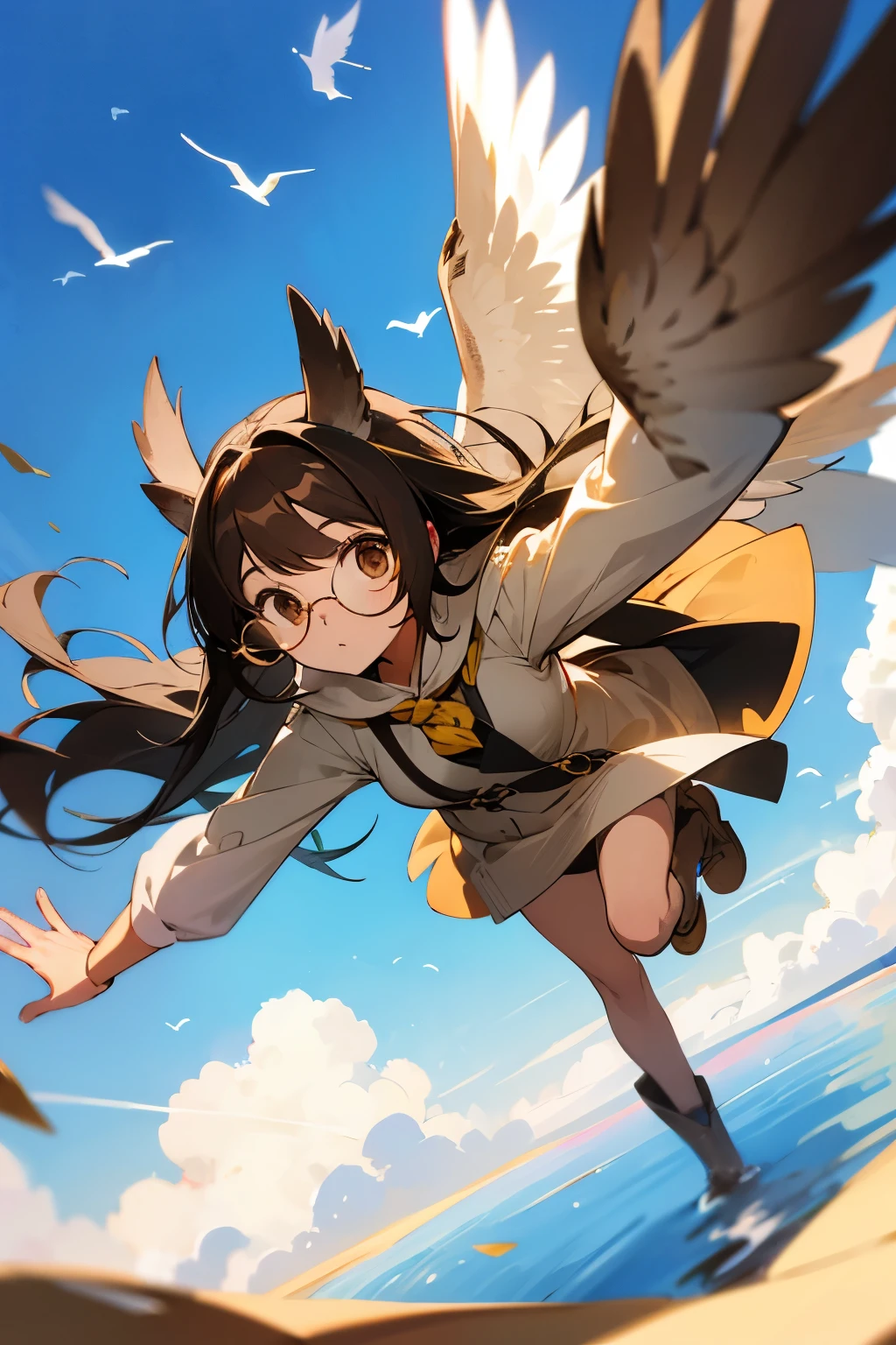 bird girl, round glasses, long black hair, light brown skin, brown eyes, owl ears, flying, clear blue sky