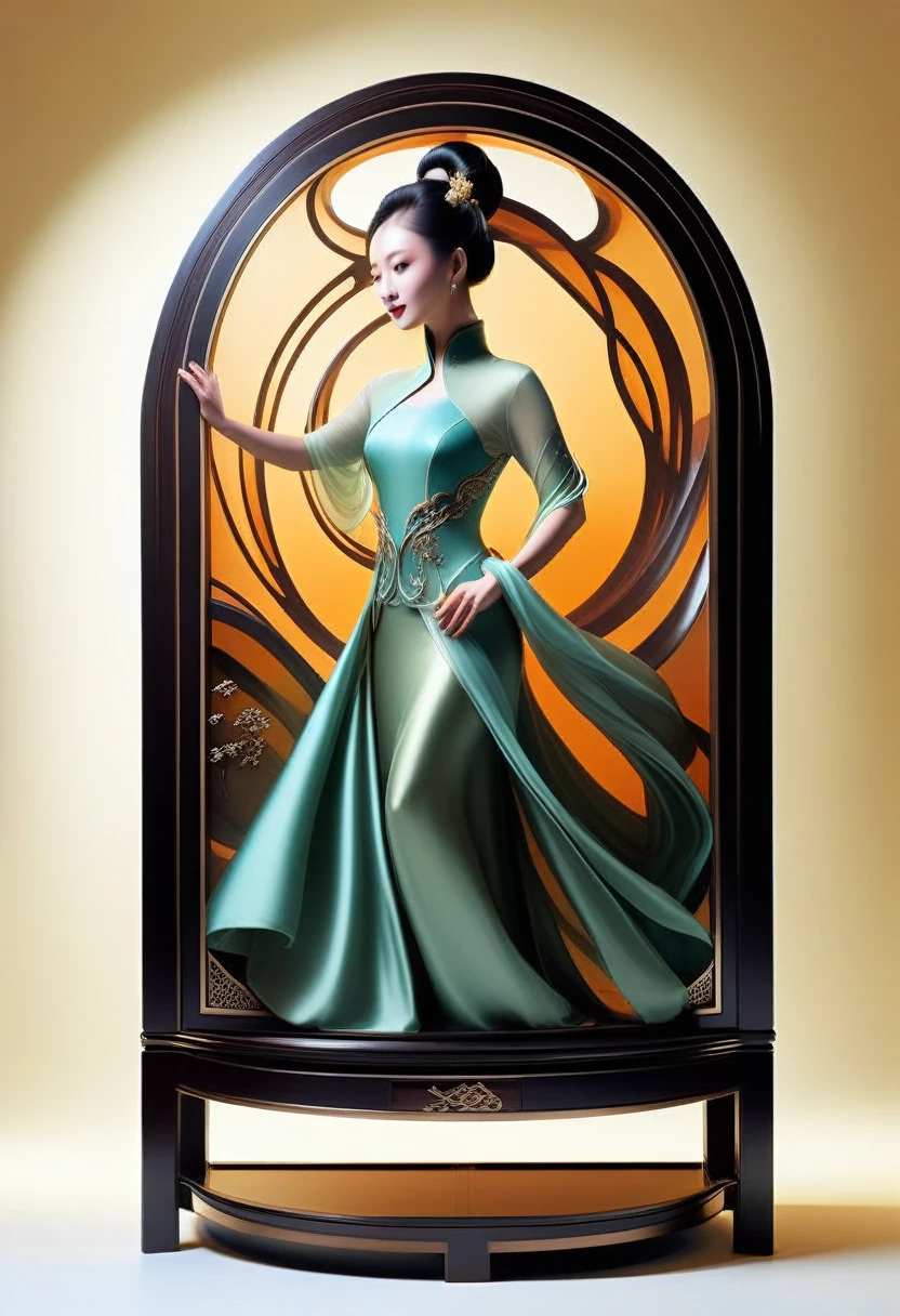 (((furniture product designs))), (display cabinet design), (with Chinese influence), opera, flexible lines, ((unique modern innovation from the shape)), combined with bronze and dark wood, ( (stylized shapes from Chinese dances)), realistic product, master designs cabinet, The creation of the shape is truly impressive