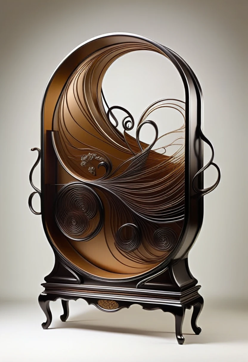 (((furniture product designs))), (display cabinet design), (with Chinese influence), opera, flexible lines, ((unique modern innovation from the shape)), combined with bronze and dark wood, ( (stylized shapes from Chinese dances)), realistic product, master designs cabinet, The creation of the shape is truly impressive