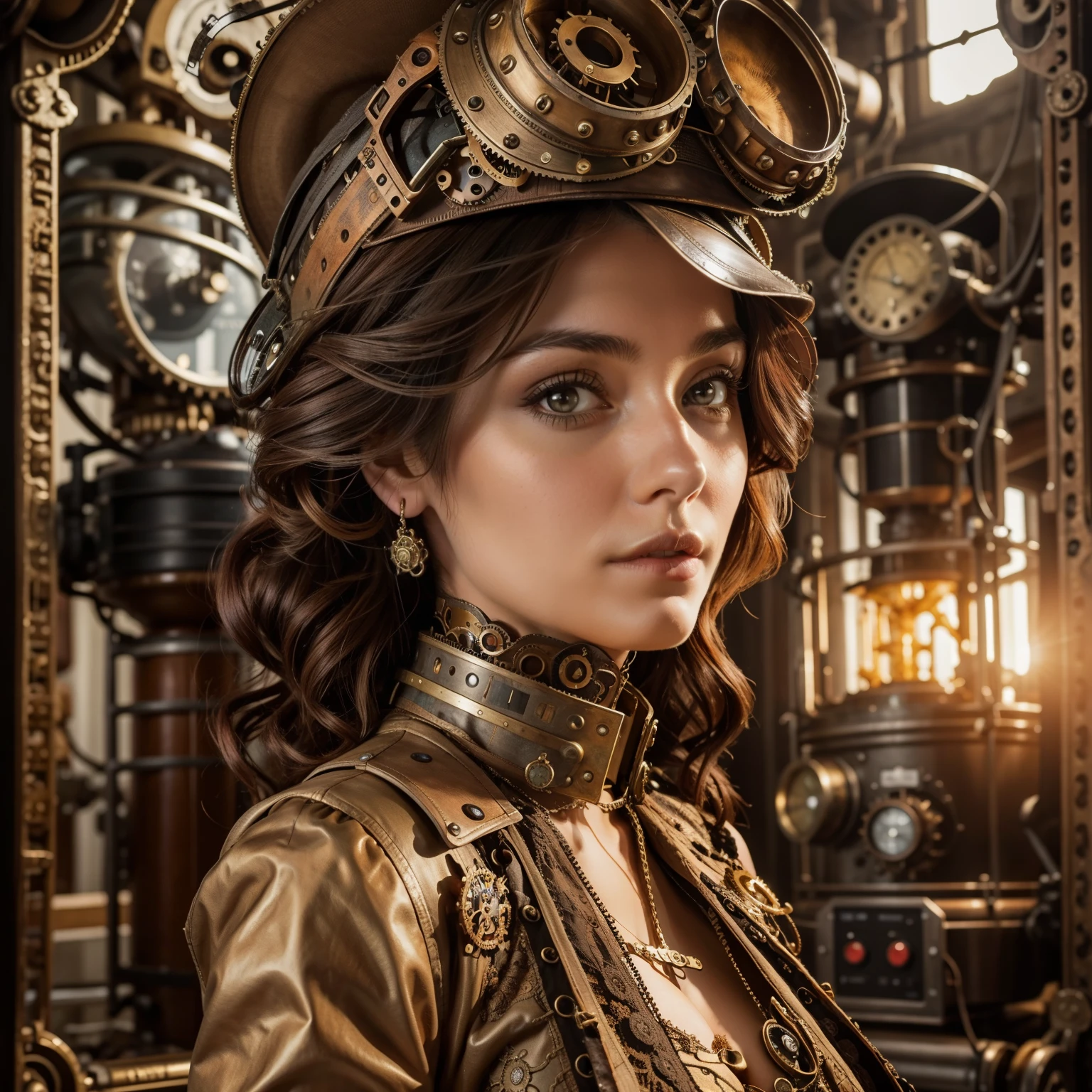 A beautiful steampunk woman with steampunk clothes in the foreground and a huge steampunk machinery mechanical in the background