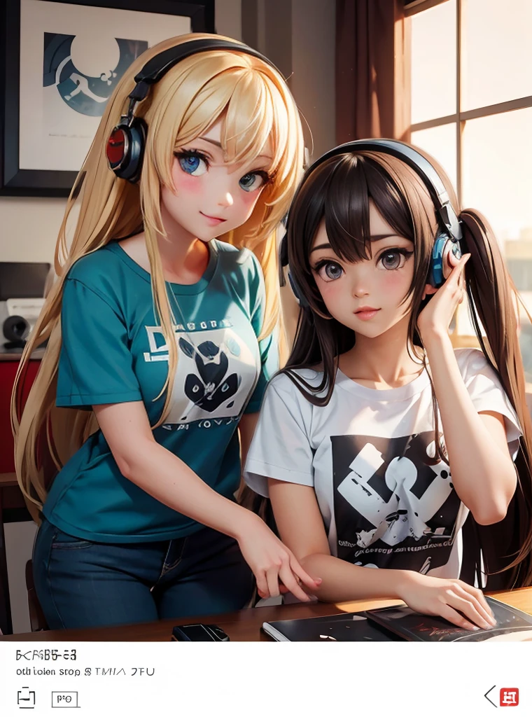 cute gaming girls dressed in transparent yellow tank tops with head phone