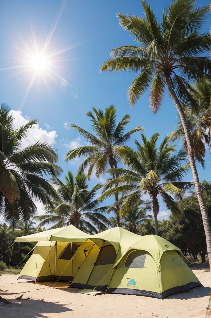 Crie uma logo, with a camping tent with sun and palm tree, written “Acampamento Dos Amigos” and 10 edition