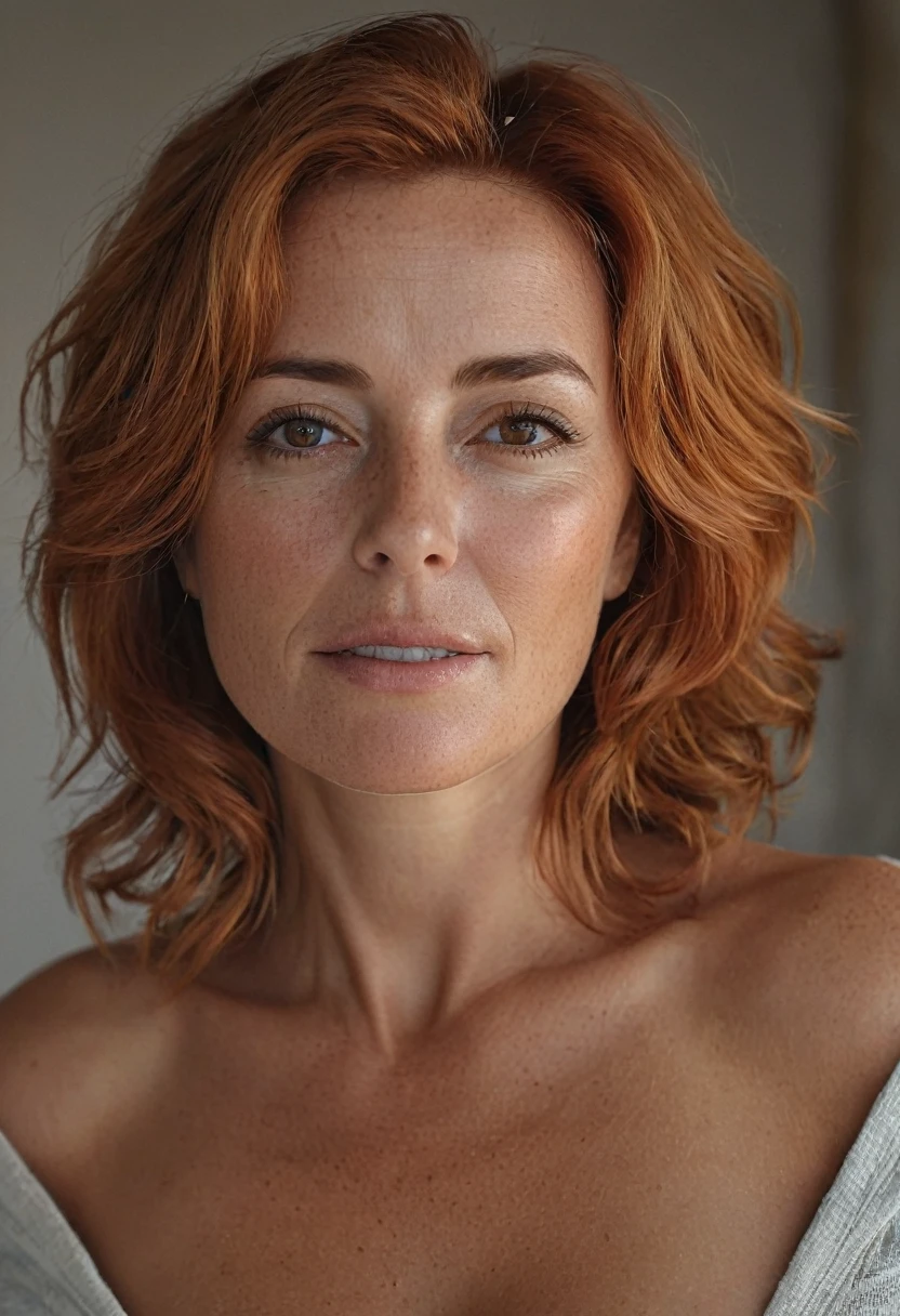 a mature portuguese woman with a large natural chest, short shaved red hair, brown eyes, naked, profissional porn actress, half light beam, ring light background, photorealistic, 8k, extremely detailed, high quality, ((full body)), cinematic lighting, dramatic colors, beautiful skin, detailed features ((consistent character)) ((seed 69))