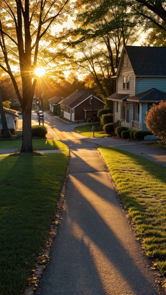 1978, Canton, Ohio, Kodak film filter, film camera, nostalgic,  view of a street with a tree and a house in the background, peaceful suburban scene, golden hour scene, tree-lined path at sunset, morning golden hour, golden hour sunlight, dramatic warm morning light, sundown golden hour, golden hour lighing, soft golden hour lighting, shining golden hour, golden hour sun, springtime morning, golden morning light