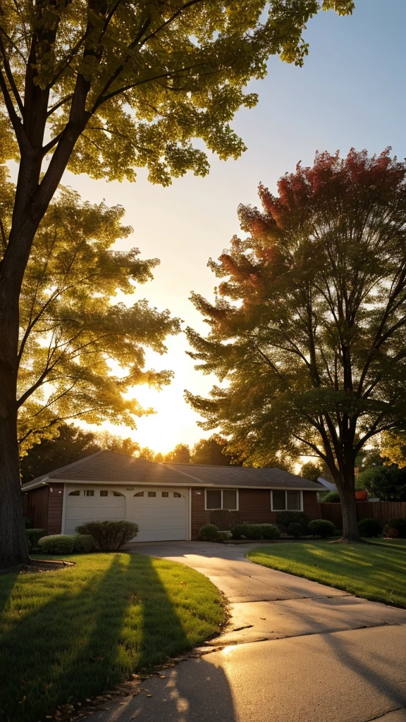 1978, Canton, Ohio, Kodak film filter, film camera, nostalgic, view of a street with a tree and a house in the background, peaceful suburban scene, golden hour scene, tree-lined path at sunset, morning golden hour, golden hour sunlight, dramatic warm morning light, sundown golden hour, golden hour lighing, soft golden hour lighting, shining golden hour, golden hour sun, springtime morning, golden morning light