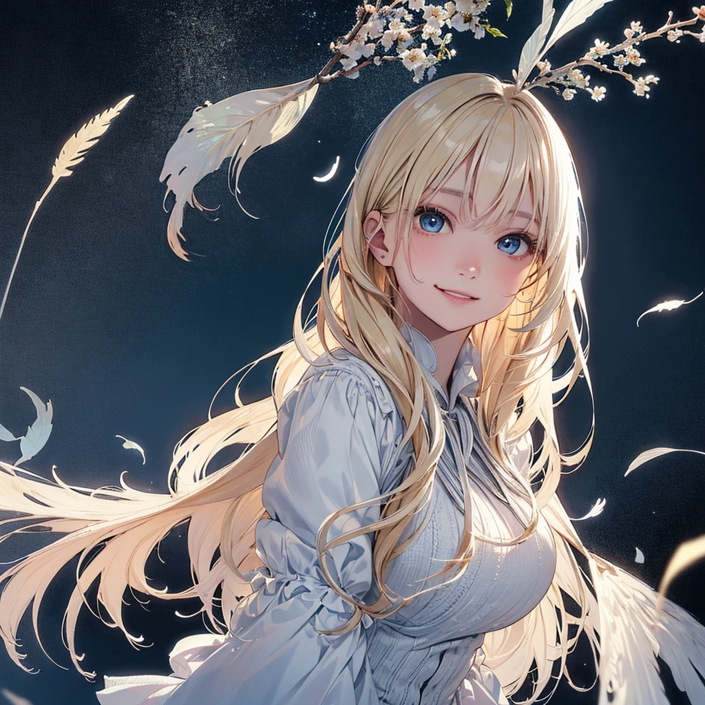 masterpiece、Highest quality、High resolution、High-quality images、8K, 17-year-old girl、Skin Radiance、Texture of skin and clothing、Expression of fine eyes、Sparkling blonde,Long Hair Girl、dress, Beautiful light blue eyes, Fuller lips, Gorgeous face with attention to detail, (Cute Smile), charm, Innocent, Side view, (Perfectly detailed face), (Beautiful Hands) Photorealistic images, Written boundary depth, flower、sun、Big Breasts、garden、、Feather ornament、White clothes、goddess