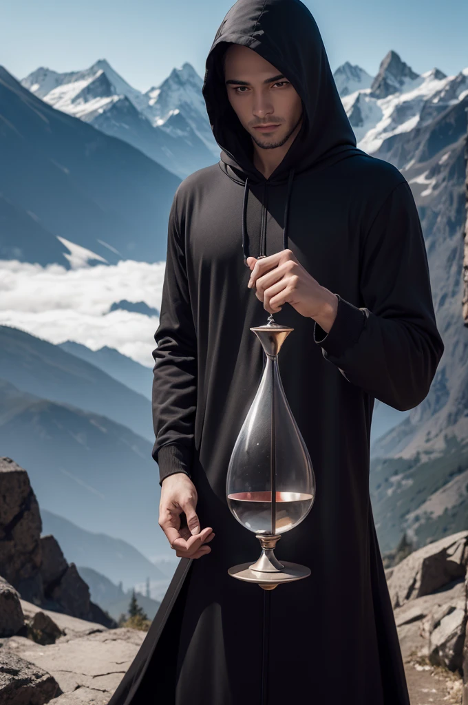 Faceless hooded man holding an hourglass with mountainous background