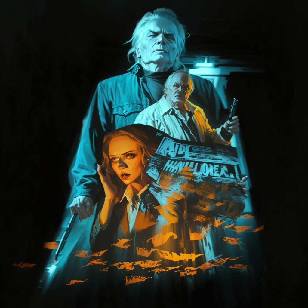 a poster for a horror movie with a woman and a man, halloween film, michael myers, movie artwork, horror movie poster art, detailed 4k horror artwork, horror artwork, elegant horror artwork, movie promotional art, by John Carpenter, movie poster art, horror poster, inspired by Jason Edmiston, by Clark Voorhees, movie poster painting