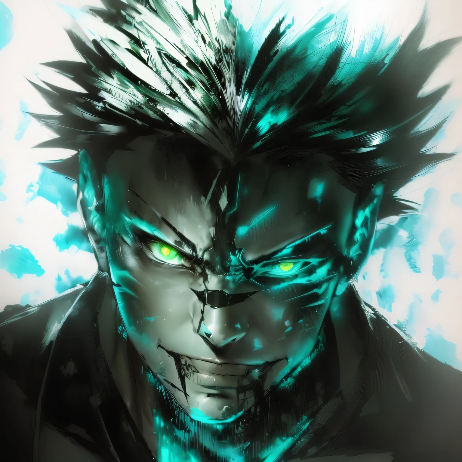 a drawing of a man with a mohawk and a face, ink manga drawing, pencil and ink manga drawing, kentaro miura manga art style, hyper detailed manga drawing, handsome guy in demon slayer art, stunning manga art style, trigger anime art style, demon slayer rui fanart, Joker looks like Naruto, Manga style by Kentaro Miura, anime shading) green eyes dark skin color, hair green 