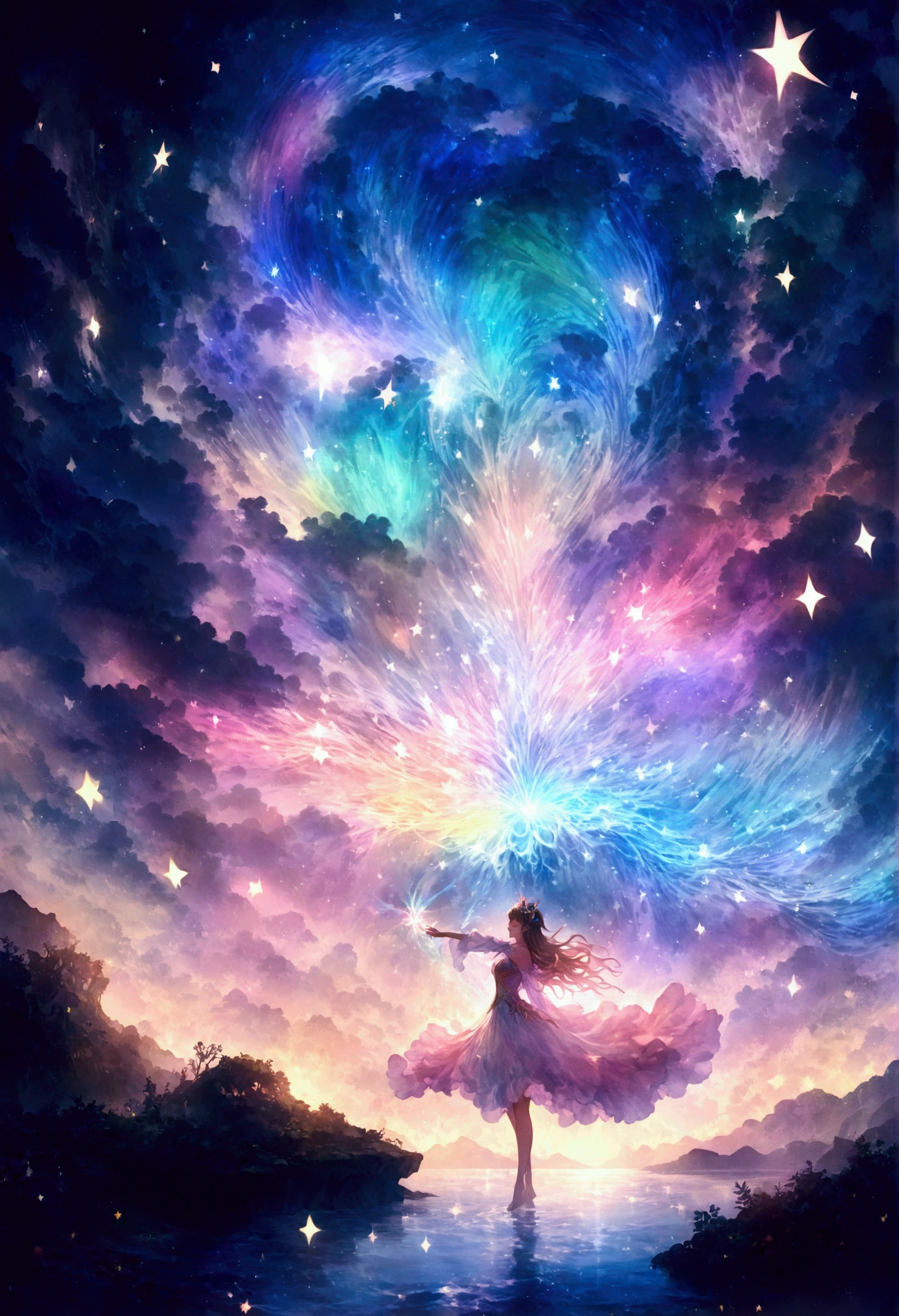 Mysterious glowing spell casting girl, ((Fantasy Rainbow Ocean)), Vibrant colors, Fantastic Light, Detailed speech bubbles, Magical atmosphere, Nice views, Dreamy atmosphere, Sparkling, Roomy robes, The magic touch, Mysterious creatures, ((Sparkling waves)), Mystical symbols, Surreal beauty, haze, There'Magic in the air, A magical moment,Mysterious atmosphere, Whimsical Creatures, Full of charm, Fairy, superpower, Fantasy World