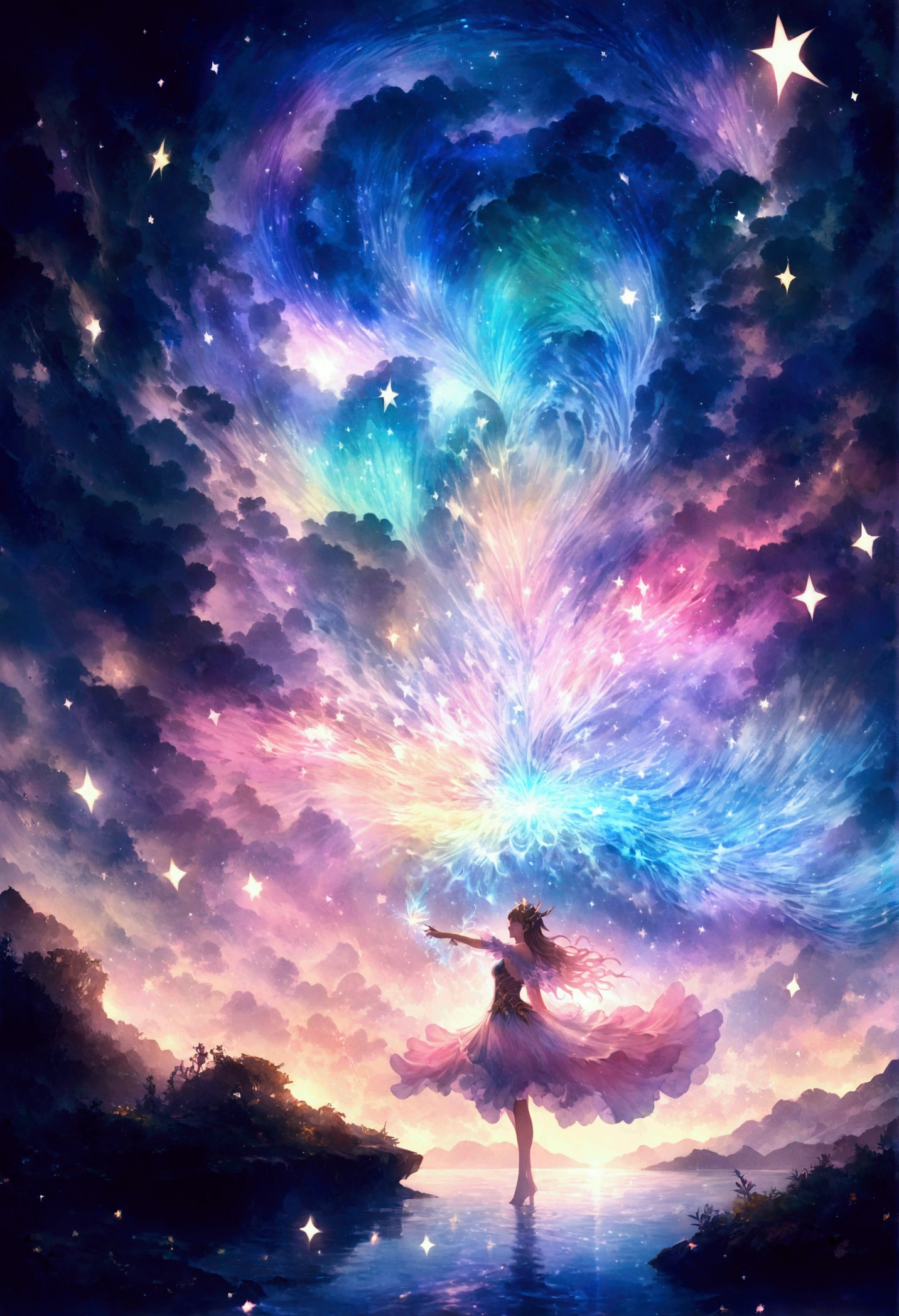 Mysterious glowing spell casting girl, ((Fantasy Rainbow Ocean)), Vibrant colors, Fantastic Light, Detailed speech bubbles, Magical atmosphere, Nice views, Dreamy atmosphere, Sparkling, Roomy robes, The magic touch, Mysterious creatures, ((Sparkling waves)), Mystical symbols, Surreal beauty, haze, There'Magic in the air, A magical moment,Mysterious atmosphere, Whimsical Creatures, Full of charm, Fairy, superpower, Fantasy World