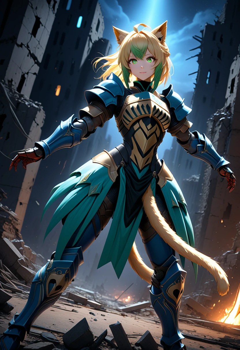 (masterpiece, top quality, best quality, beautiful and aesthetic:1.2), full body, SFW, extremely detailed, detailed eyes, green eyes, detailed hands, cinematic light, depth of field, 1girl, seducing smile, solo, official, (full armored knight:1.4), Atalanta Fate, slim body, blonde cat tail, cinematic lighting, dramatic lighting, dramatic atmosphere, hyper-realistic, high resolution, stunning contrast, high quality, best quality, 8k, 4k, intricately detailed, (amazing details:1.2), highly detailed skin, powerful presence, vibrant colors, (detailed eyes:1.2), striking eyes, (detailed background), (warzone on background, night, ruins), (dynamic angle:1.2), (dynamic pose:1.2)