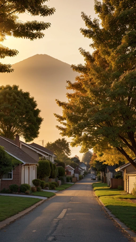 arafed view of a street with a tree and a house in the background, a picture by David Burton-Richardson, flickr, realism, peaceful suburban scene, golden hour scene, tree-lined path at sunset, morning golden hour, golden hour sunlight, dramatic warm morning light, sundown golden hour, golden hour lighing, soft golden hour lighting, shining golden hour