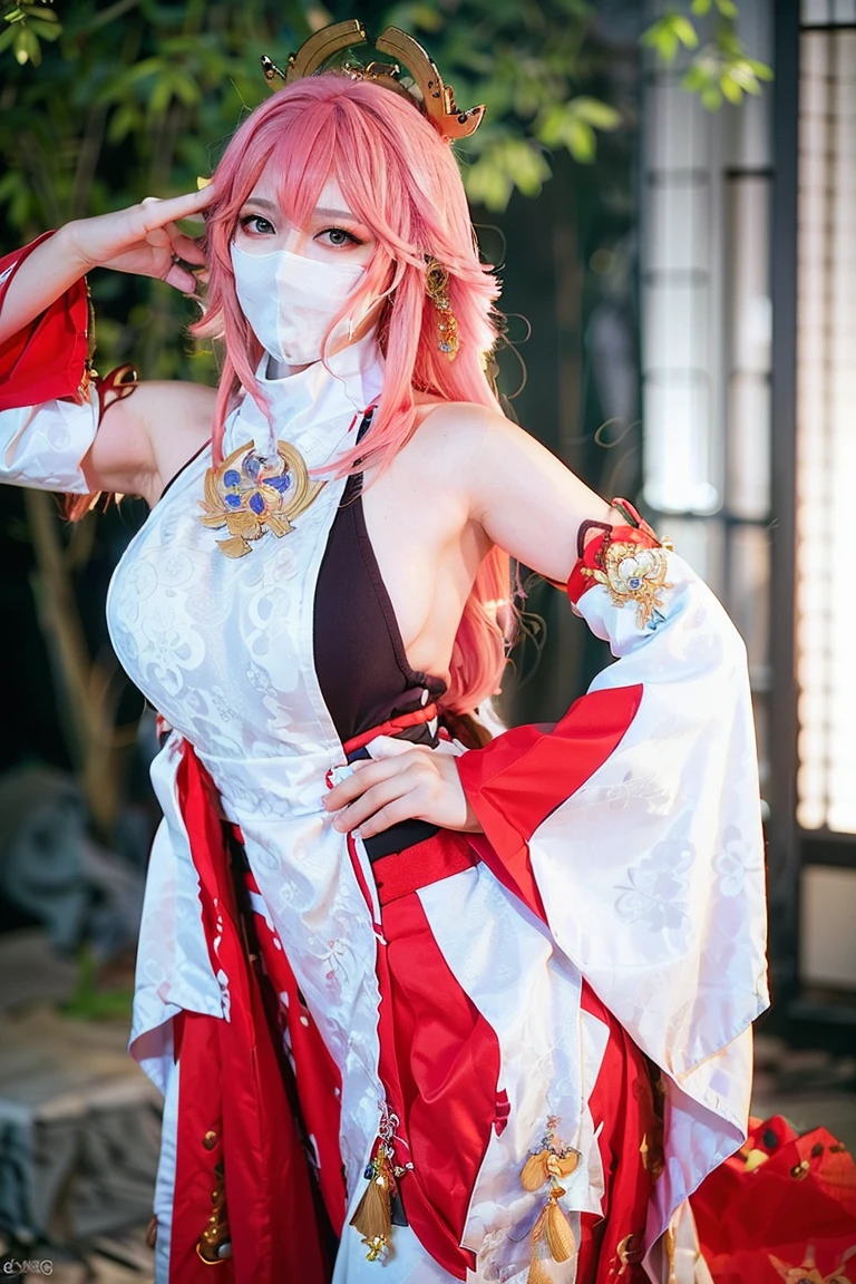 (Extreme Detail CG Unity 8K wallpaper, masterpiece, highest quality), (ulzzang-6500-v1.1:0.4) 1girl, kpop idol, yae miko, detached sleeves, pink hair, long hair, best quality, (photorealistic:1.2), (hair ornament:1.35), jewelry, fox ears, wearing face veil, (miansha, white face veil, silk mask veil:1.2), purple eyes, earrings, (very huge round breasts, big breasts: 1.2), torii, cherry blossoms, lantern light, depth of field, detailed face, face focus, (looking at viewer:1.25), shiny skin, long sleeves, cowboy shot, dynamic pose, (bending forward, Show the armpits, sexypose:1.3), game cg, thigh highs, east asian architecture, blurry background, full body, elegant posture, focused expression, outdoor shrine setting, fantasy style,