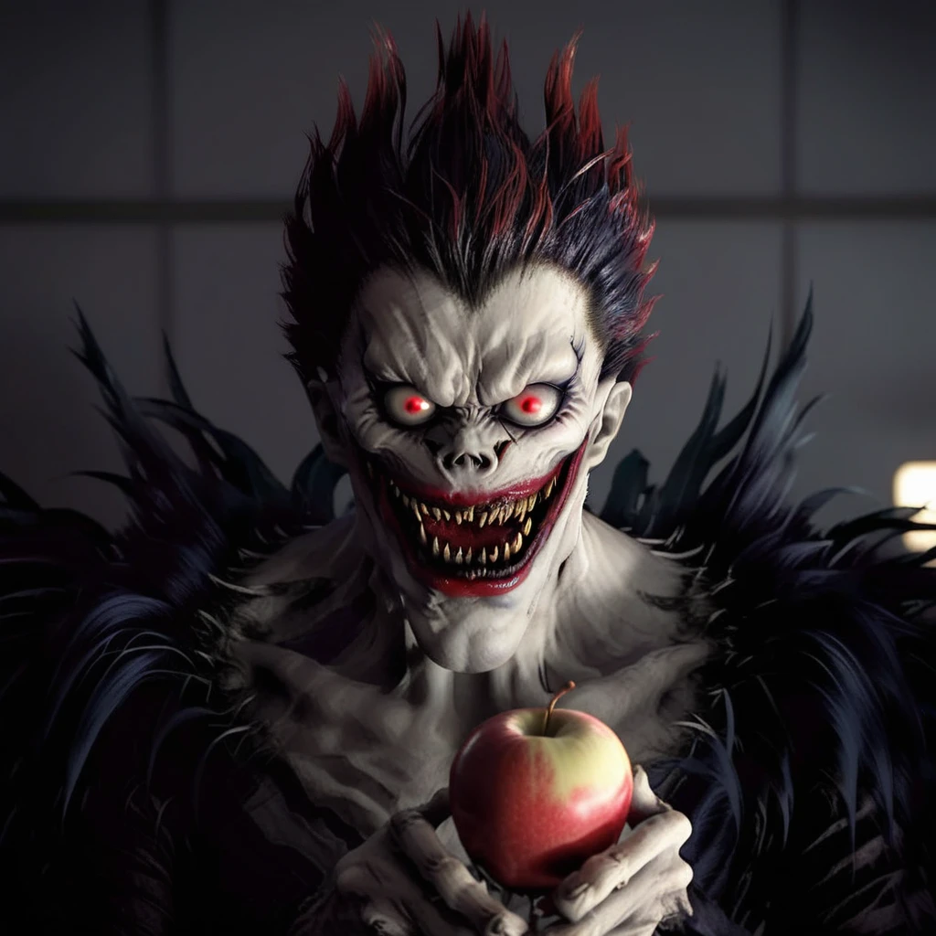 Ryuk1024, a demon, crunching with teeth a red apple, highly detailed, photography, ultra sharp, film, bokeh, professional, 64k  