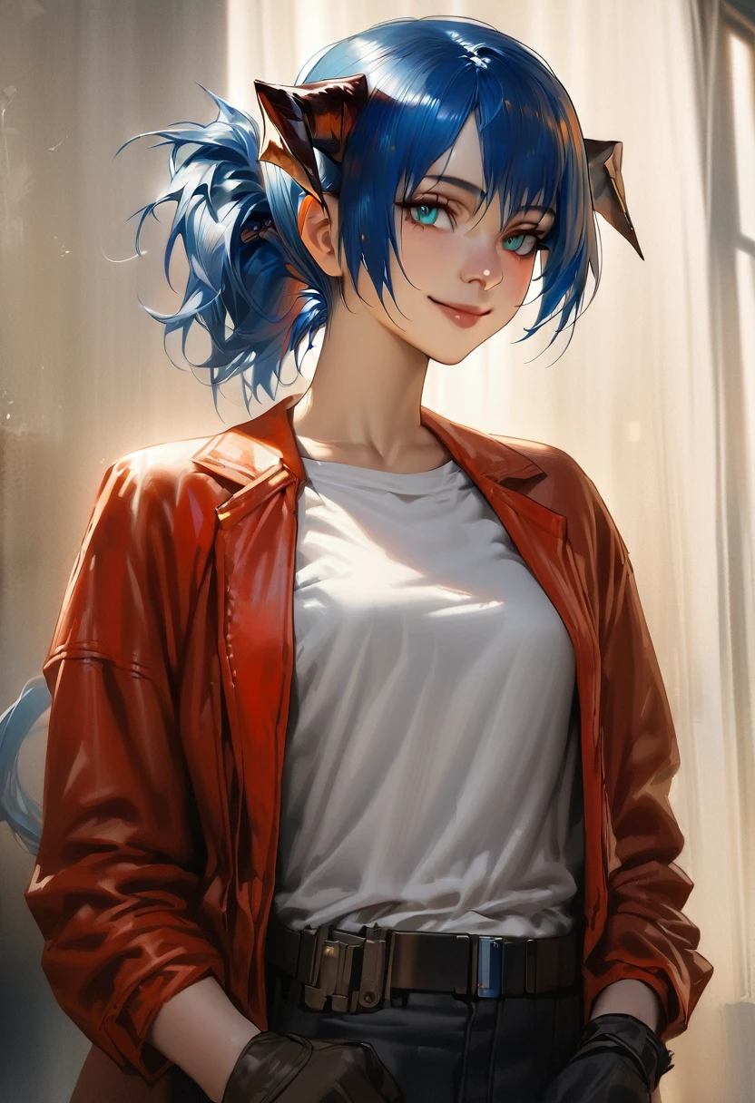 (woman), ((Mostima from arknights)), masterpiece, best quality, blue hair, ((short hair)), ((pony tail hair)), horns, plain white shirt, red full body jacket, dark blue eyes, black gloves, orange glasses, realistic anime style, smile, portrait.
