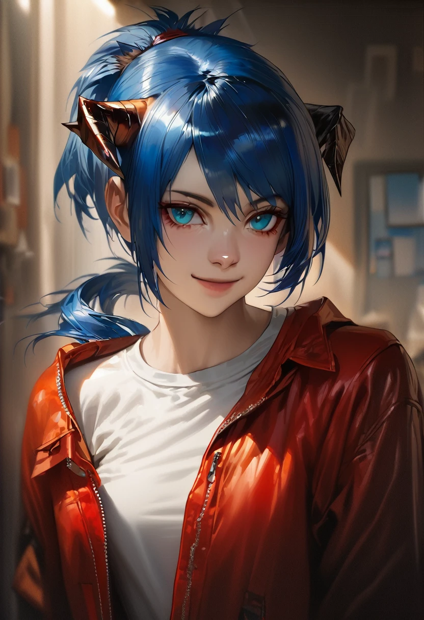 (woman), ((Mostima from arknights)), masterpiece, best quality, blue hair, ((short hair)), ((pony tail hair)), horns, plain white shirt, red full body jacket, dark blue eyes, black gloves, orange glasses, realistic anime style, smile, portrait.
