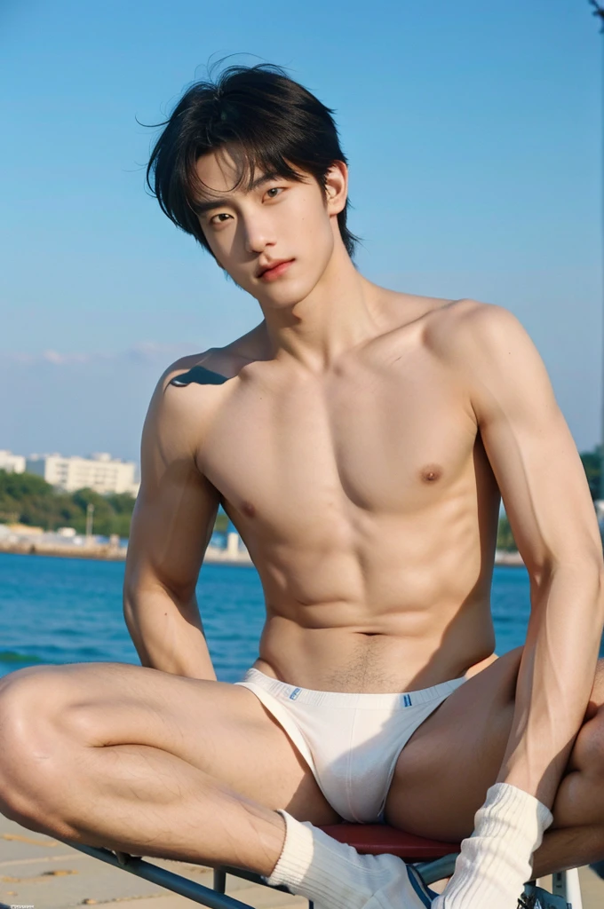 ultra high resolution,tmasterpiece,(Realism:1.4),RAW photos,Bust photo,1 boy, Solitary, topless, muscle, wear white jockstrap underwaer, (jockstrap), thong,Socks and feet close-up,Male focus,sky空, outdoor, sky, Practical, Whole body, show abs, facelight