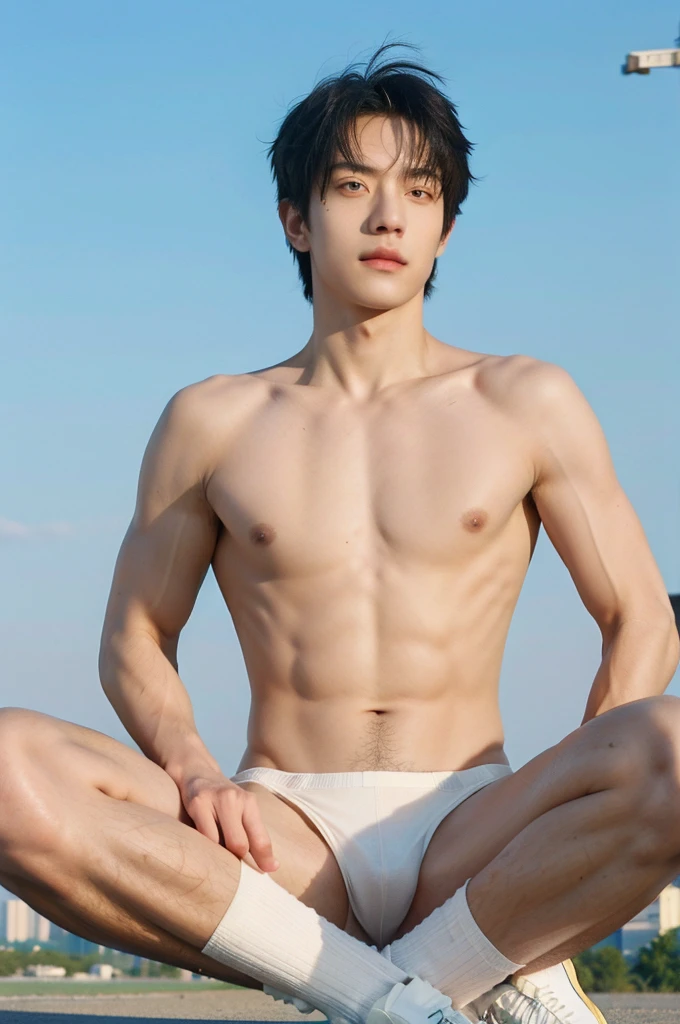 ultra high resolution,tmasterpiece,（Realism：1.4），RAW photos，Bust photo,1 boy, Solitary, topless, muscle, wear white jockstrap underwaer, (jockstrap), thong，Socks and feet close-up，Male focus,sky空, outdoor, sky, Practical, Whole body, show abs, facelight