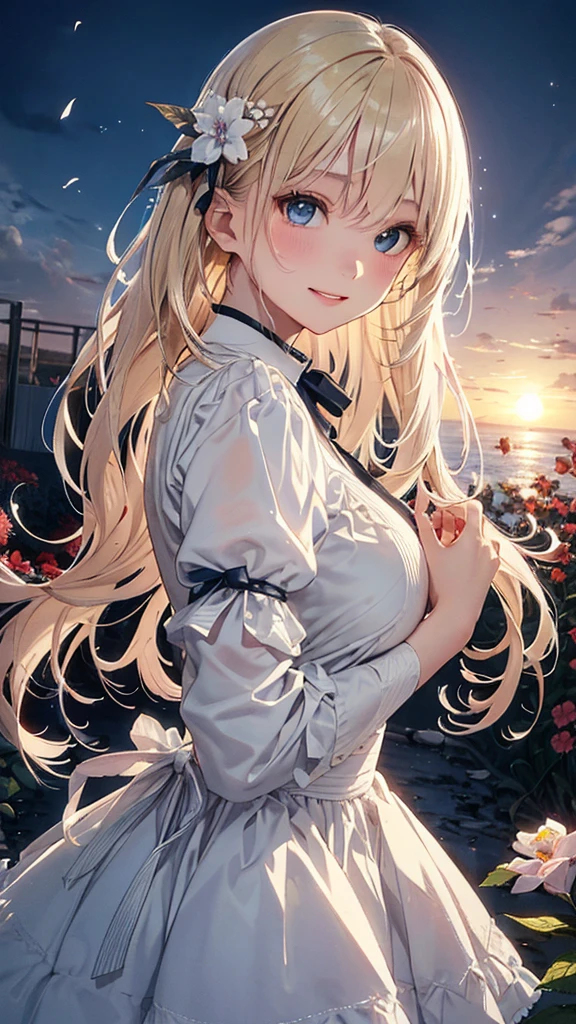 masterpiece、Highest quality、High resolution、High-quality images、8K, 17-year-old girl、Skin Radiance、Texture of skin and clothing、Expression of fine eyes、Sparkling blonde,Long Hair Girl、dress, Beautiful light blue eyes, Fuller lips, Gorgeous face with attention to detail, (Cute Smile), charm, Innocent, Side view, (Perfectly detailed face), (Beautiful Hands) Photorealistic images, Written boundary depth, flower、sun、Big Breasts、garden、、Feather ornament、White clothes、goddess