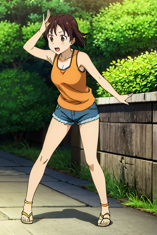 1girl, Haru Miura, Reborn, dark gray brown hair, orange eye, light Blue Jeans, Shorts,Orange Tank Top, full body, park, Sunny,Sunshine, light, Fantasy, Sandal,